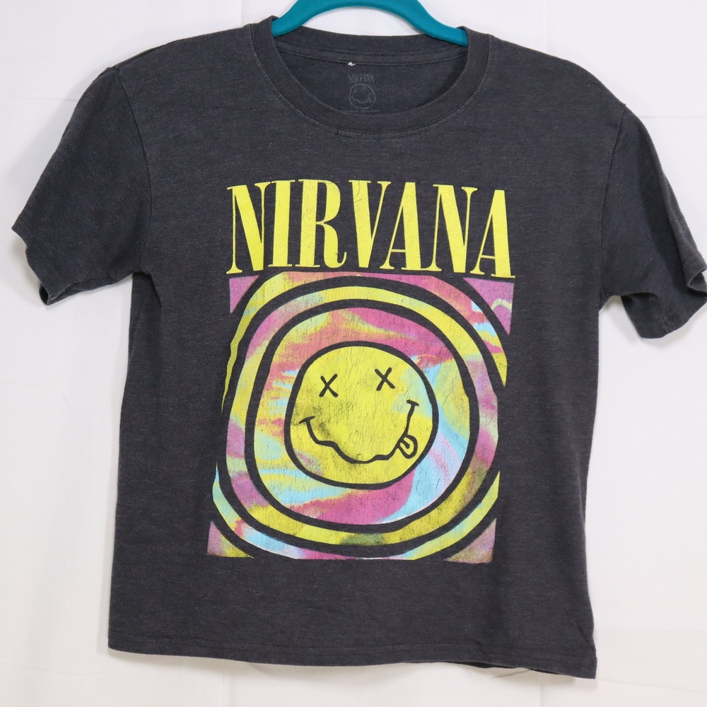 Nirvana Graphic T-Shirt Womens XS Gray Excellent Smiley Face Cropped 17x19